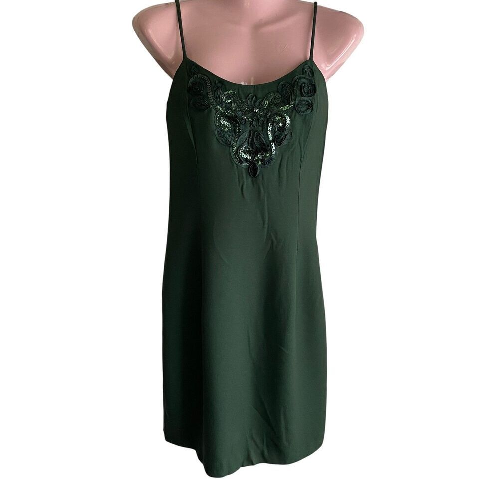 Vintage Jessica McClintock Dress Womens 7 8 Green Sequin Slip Mini 90s USA